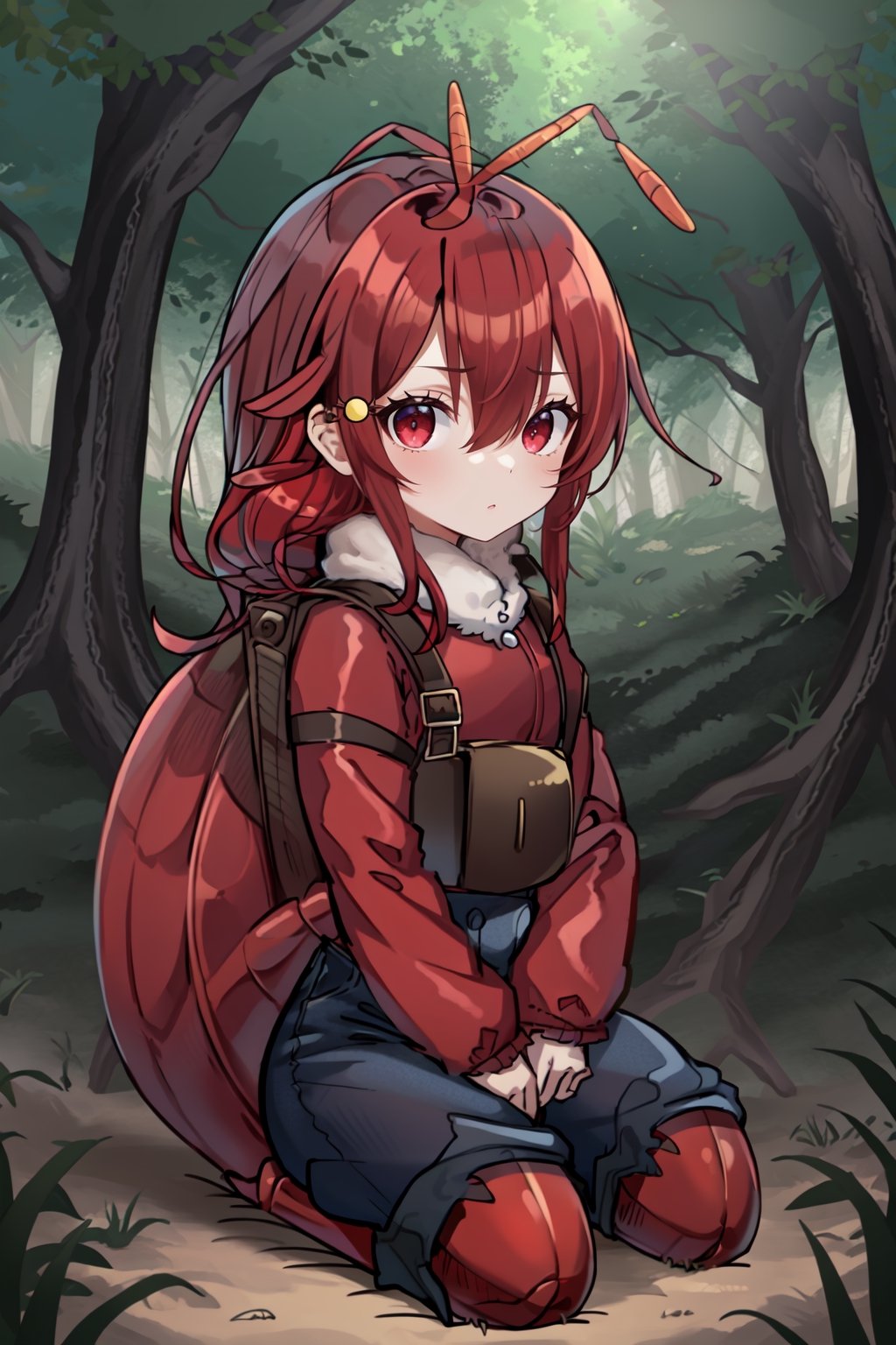 (masterpiece), best quality, expressive eyes, perfect face, looking at viewer, 1litle girl ant_girl, solo, (portrait), (full body), loli female, red hair,(Red ant antennae on head), long hair, two ahoge, hair between eyes, red eyes,Denim overall worker factory, big leather back pack ((red ant cosplay)) forest 