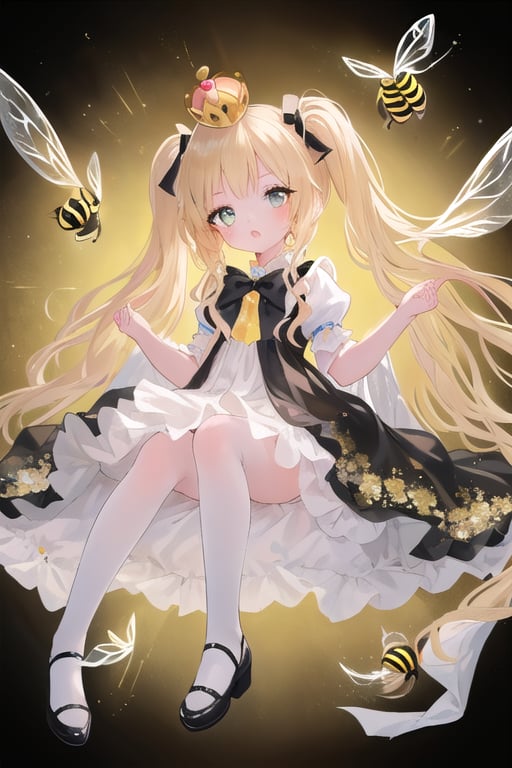 masterpiece, best quality loli with bee wings,  (full body) frilled dress, golden long hair, twintails, bowtie, beautiful eyes, shamed, flower patterned dressed in a regal attire befitting a princess, she wears a combination of black and yellow garments adorned with intricate patterns. a crown adorns her head, inspired of queen bee 
((white background)) (not background)