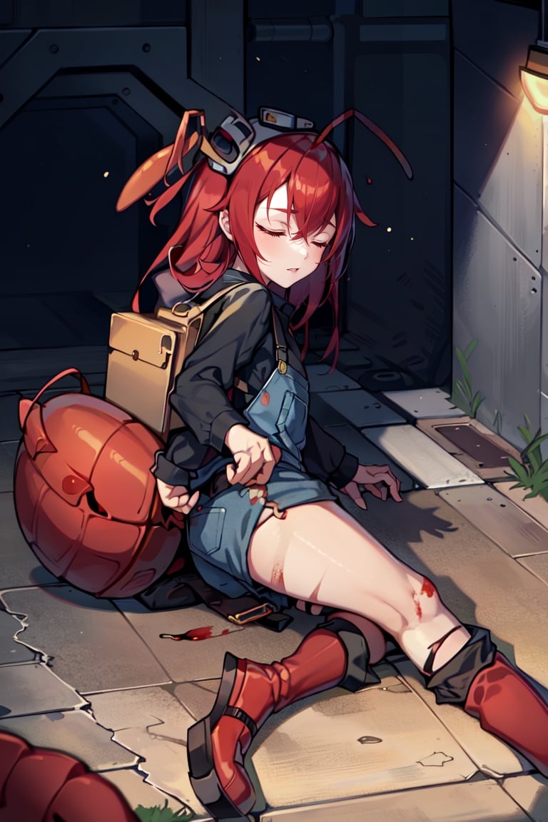 (masterpiece), best quality, expressive eyes, perfect face, 1litle girl ant_girl sleeping, solo, (portrait), (sleep full body), (on a lot of blood stain)loli female, red hair, goggles black on head like bandhead(two Red ant antennae on head), long hair, two ahoge, hair between eyes, closed eyes,Denim overall worker factory, red boots worker factory, big leather back pack ((red ant cosplay)) subway dark tunnel railroad tracks (sleeping on the floor) sleep very tired injury with blood and scars, innocent, preteen 
(Lying on the floor)very young (child)