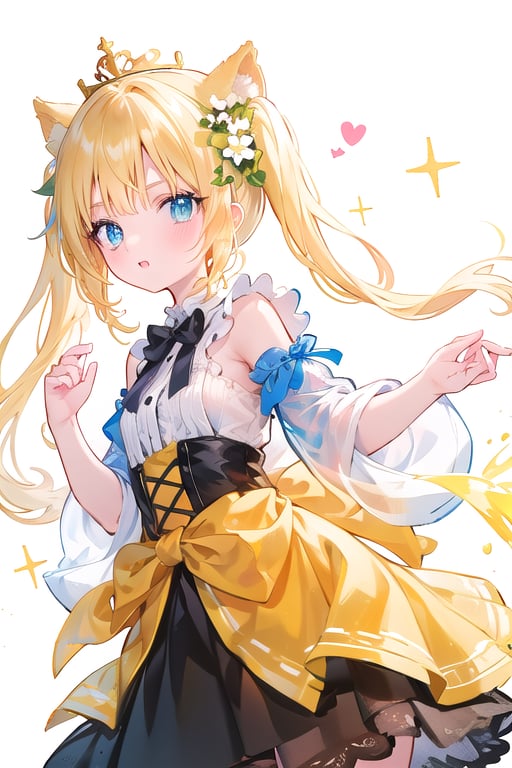 masterpiece, best quality, (loli), she possesses the (wings of a fairy, with iridescent litmus holographic colors) standing (happy),  frilled dress,golden long hair, twintails, bowtie, beautiful eyes, shamed, flower patterned dress, . her hair, braided in a golden yellow hue, cascades down her back. dressed in a regal attire befitting a princess, she wears a combination of black and yellow garments adorned with intricate patterns. a crown adorns her head, symbolizing her royal lineage.

her eyes, a striking shade of orange, sparkle with curiosity and rosy cheeks add a touch of innocence to her visage, highlighting her youthful charm.
((white background))