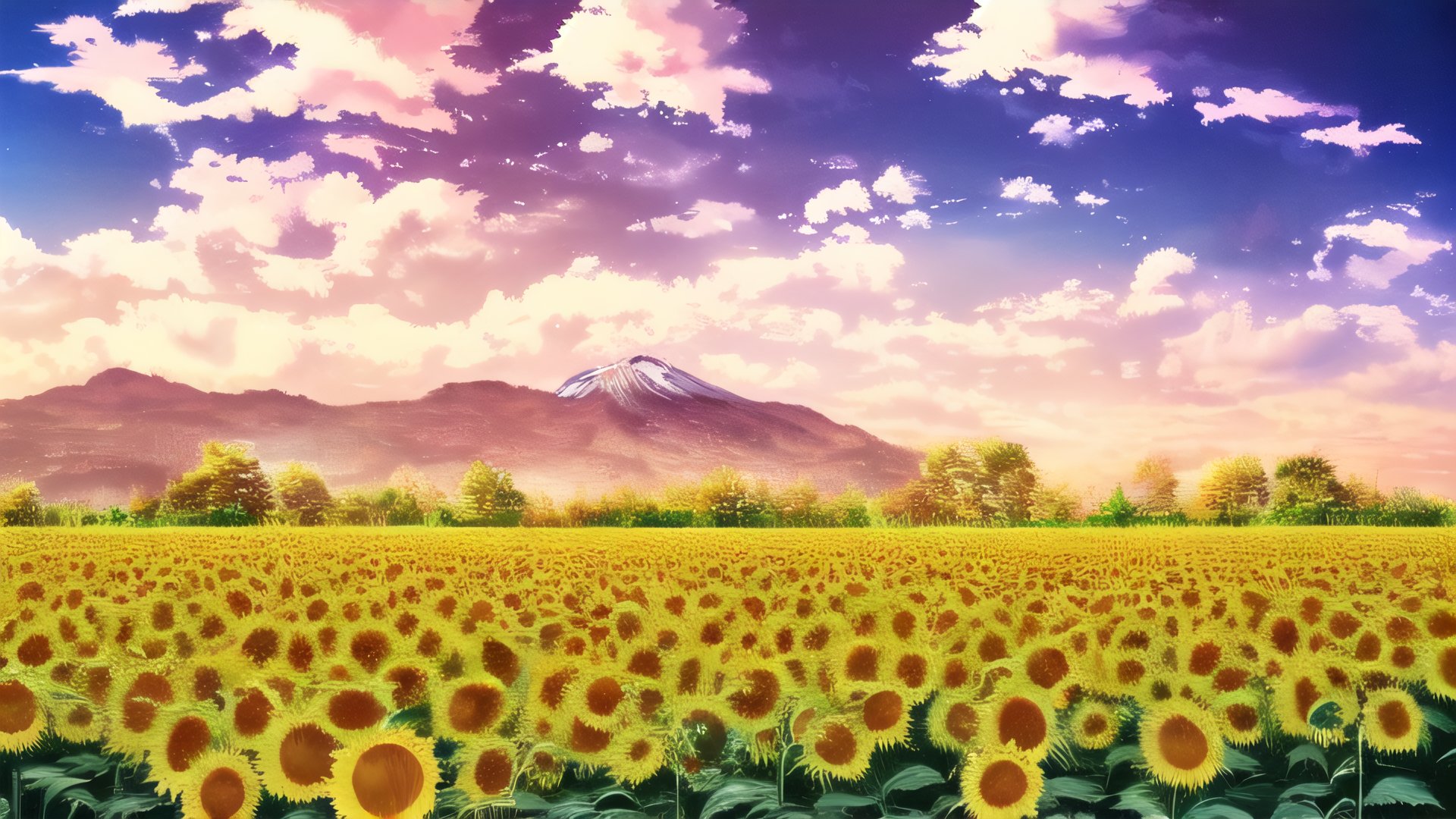 field of golden sunflowers bathed by sunrise rays, sky beautiful with cloud, bees flying around (high definition, japanese anime style)