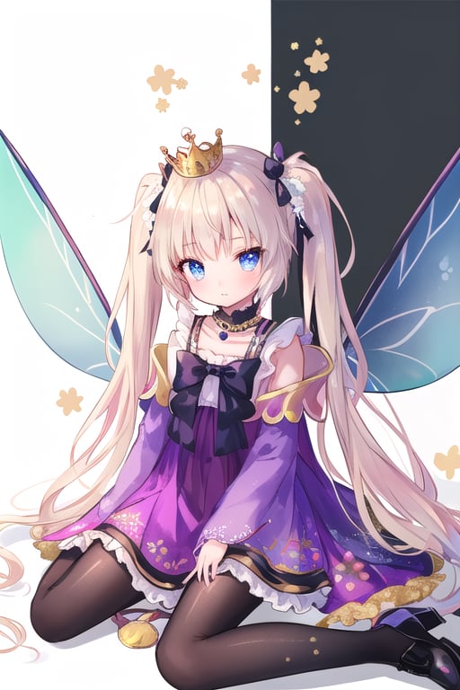 white background, long view, full _ body, fairy wings masterpiece, best quality,
(loli fairy with holograpics iridicent big wings in back),  frilled dress, ((golden yellow long hair)), twintails, bowtie, beautiful eyes, shamed, flower patterned dressed in a regal attire befitting a princess, she wears a combination of black and yellow garments adorned with intricate patterns. a crown adorns her head, inspired of queen bee
((white background)) (not background),cuteloli