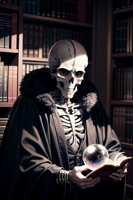 full detailed face, An old skeleton man, in the style of the Mexican Day of the Dead, with iridescent mustache and hair, a skull and skeleton hands, a black robe, is in an old castle, surrounded by books and a spherical iridescent crystal orb to read the future.