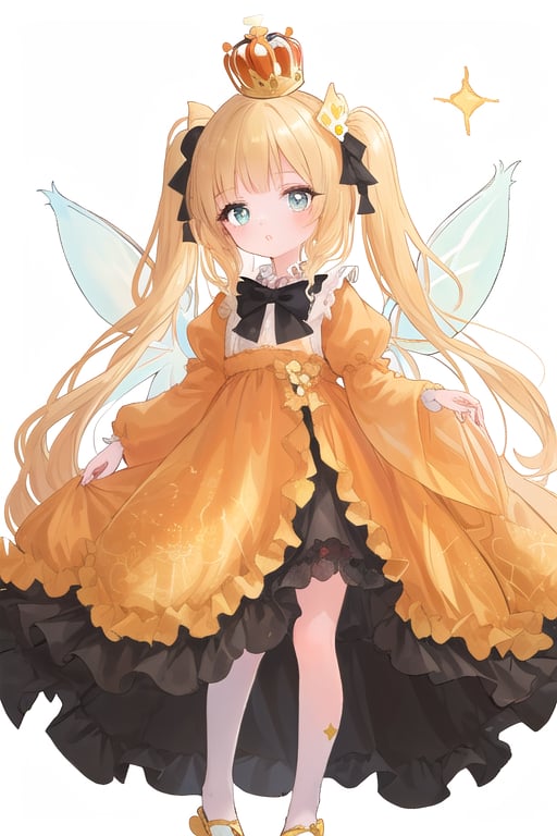 masterpiece, best quality, full body (loli with big fairy wings holographic colors) standing (happy),  frilled dress,golden long hair, twintails, bowtie, beautiful eyes, shamed, flower patterned dressed in a regal attire befitting a princess, she wears a combination of black and yellow garments adorned with intricate patterns. a crown adorns her head, symbolizing her royal lineage.

her eyes, a striking shade of orange, sparkle with curiosity and rosy cheeks add a touch of innocence to her visage, highlighting her youthful charm.
((white background)) (not background)