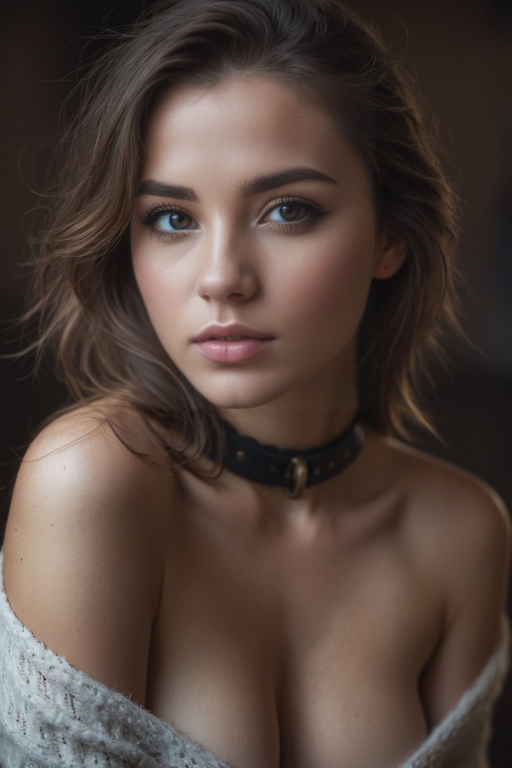 naked 22yo russian girl in old house, slender_body:1.7, (big_breast:1.4, firm_breast, cleavage:1.2, thigh_gap:1.4, beautiful_legs:1.6), choker, longshot,  full body shot,  depth of field,  (gorgeous:1.2),  detailed face,  dark theme,  night,  soothing tones,  dark colors,  high contrast,  (natural skin texture,  hyperrealism,  soft light,  sharp),  (freckles:0.3),  (acne:0.1),  (messy hair:0.1),  Cannon EOS 5D Mark III,  85mm