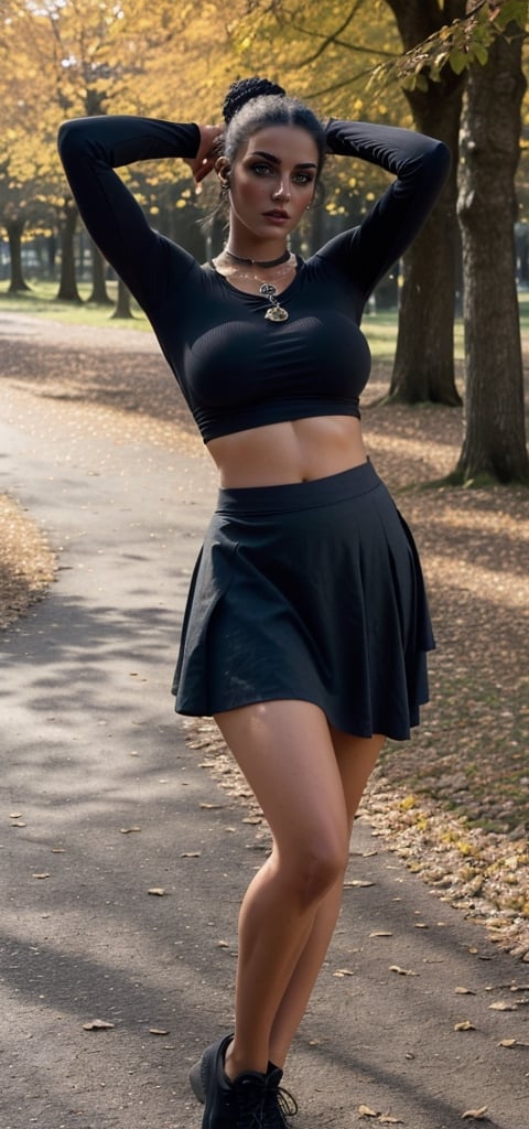 french girl, (slender:1.5) curvaceous figure, sexy thighs, ((tanned skin)), long dark hair, ((hair tied back)), ((plain black skin tight tshirt)), long sleeves, bare midriff, (((full length flowing cotton skirt worn very low on hips))), ((large breasts)), autumn_leaves, in park, sunshine, ((pendant)),Epic Poses,SEXY POSE,Striking pose