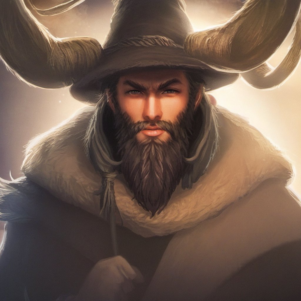 1man, beard, facial_hair, hat, holding_staff, horns, long_hair, male_focus, staff, Magical creature, Magical Fantasy World style, 