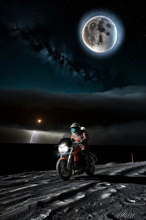 motorcyclist with space suit riding on moon with storm and galaxy in background