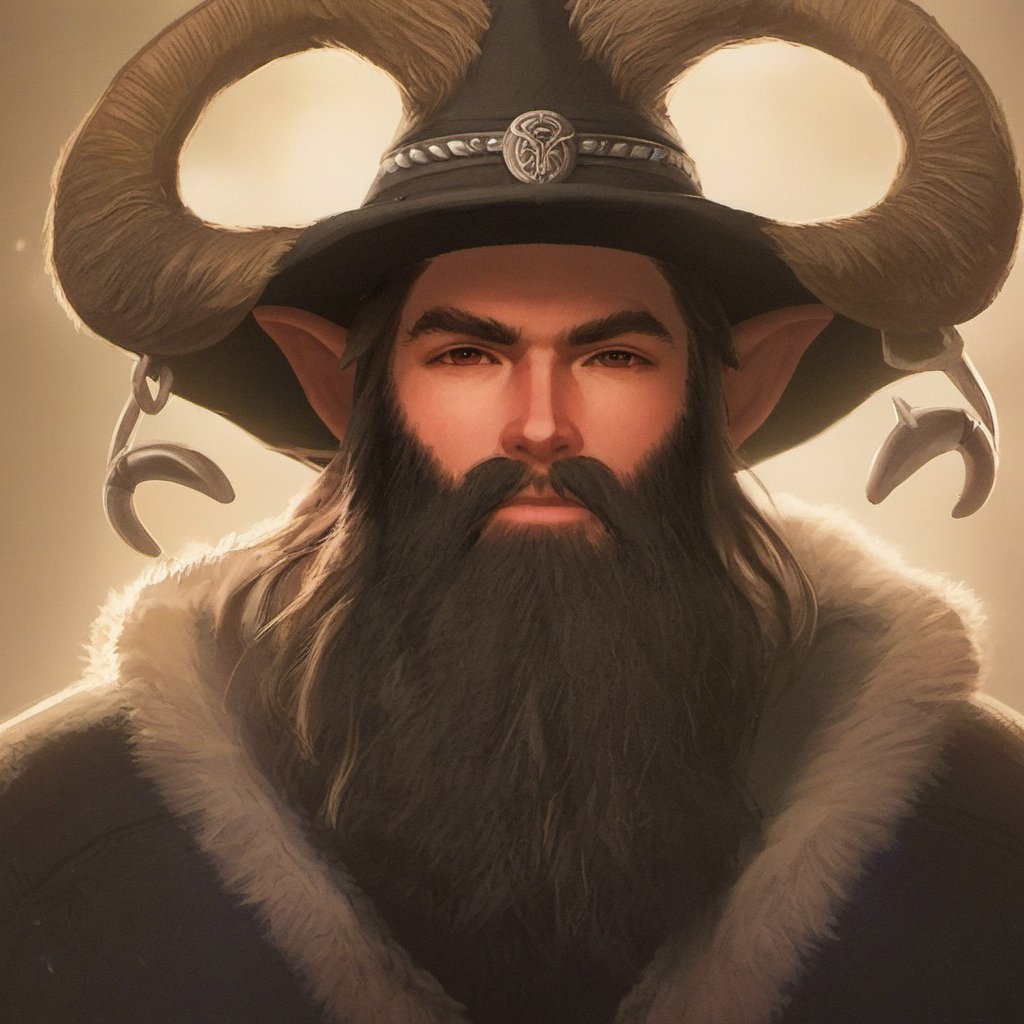 1man, beard, facial_hair, hat, holding_staff, horns, long_hair, male_focus, staff, Magical creature, Magical Fantasy World style, 