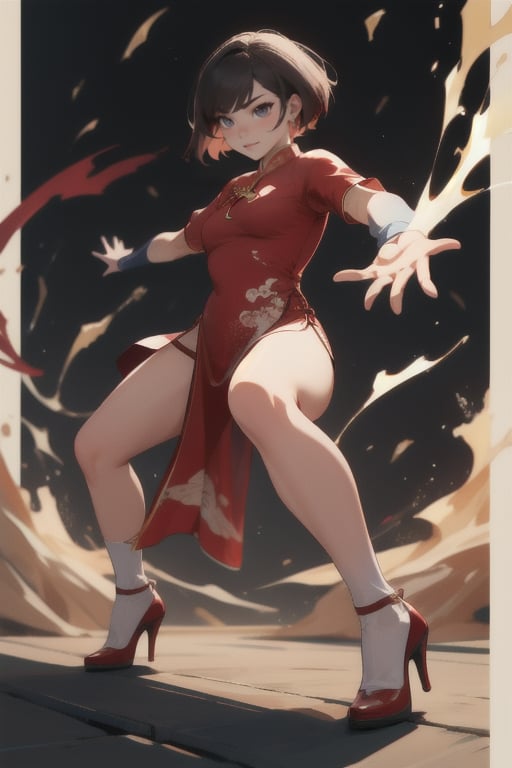 game, fighting_stance, storehouse, cheongsam, shorthair, highheels, fighting pose, holding broadsword in one hand.