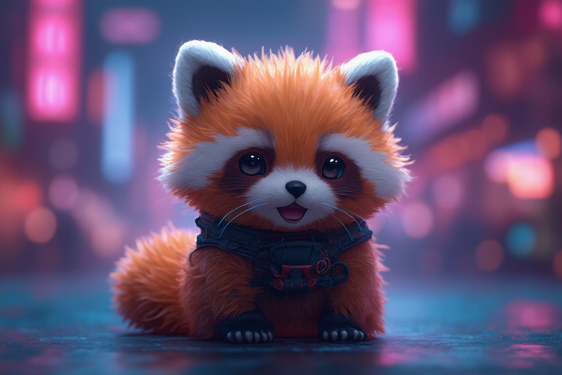 Cute little Tanuki, cyberpunk, playfull, happy,  cuteness overload, masterpiece, small centered composition, product shot,  wallpaper art, Rule of Thirds, delicate,lovable, tiny, best, dynamic composition, magnificent, intense, perfect background