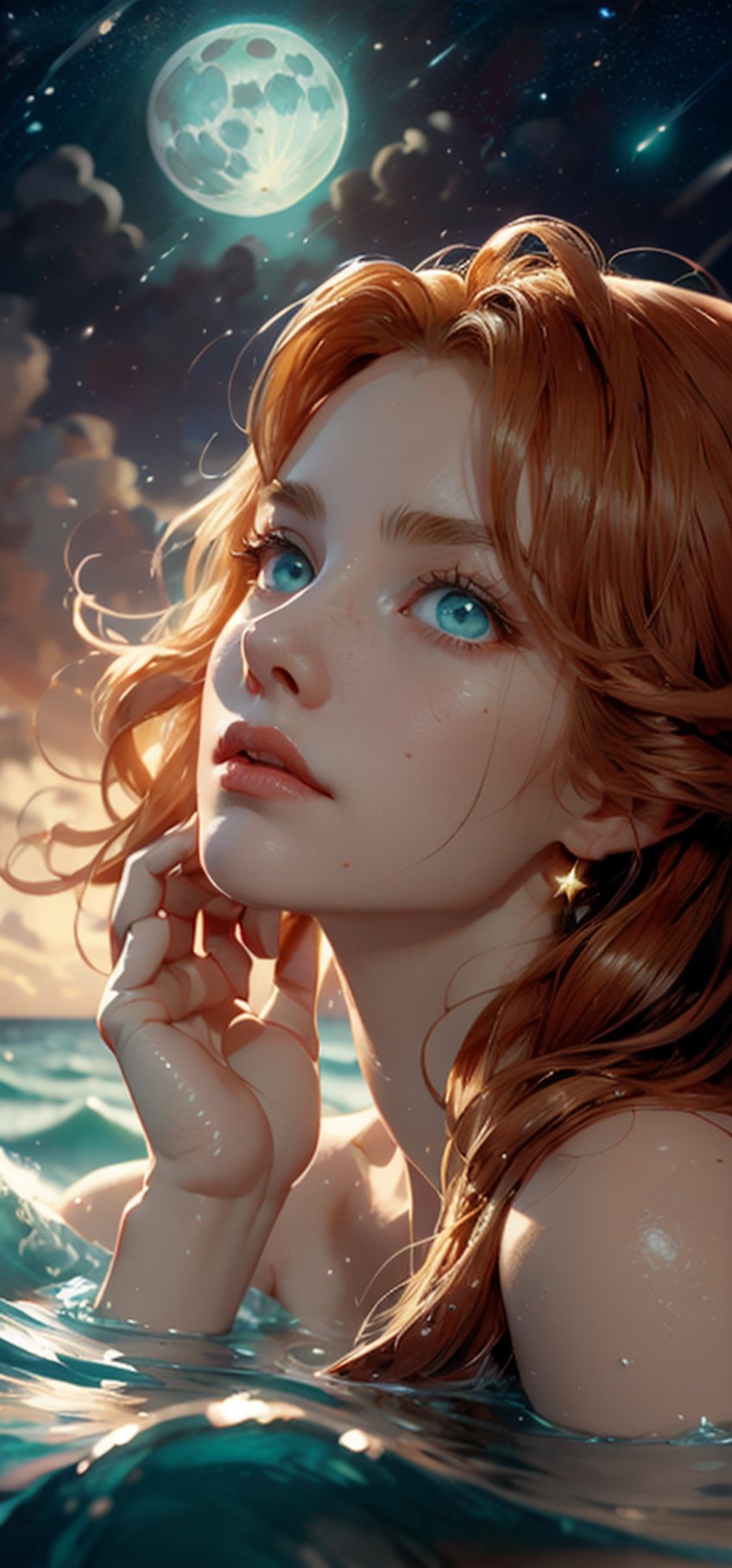 (medium:1,3) super fine detail, cinematography, 32k, luminism, (cute face), (detailed face), detailed oil painting by Dorian Vallejo, Damian Lehoszest, Todd Lockwood, cgsociety, storybook illustration, nightmarish ethereal transparent sea spirit sea foam creature, big blue ocean glowing eyes, stars, red hair, highly detailed luminous unusual gentle sea, sea waves, colorful drops, extremely large moon, moonlight, stars, night. seashells, detailed sky with clouds, high detail, intricate, intricate pose, oil painting, thick strokes, , masterpiece, high quality, Van Gogh starry sky, centered, perfect composition, ,Detailedface,Detailedeyes