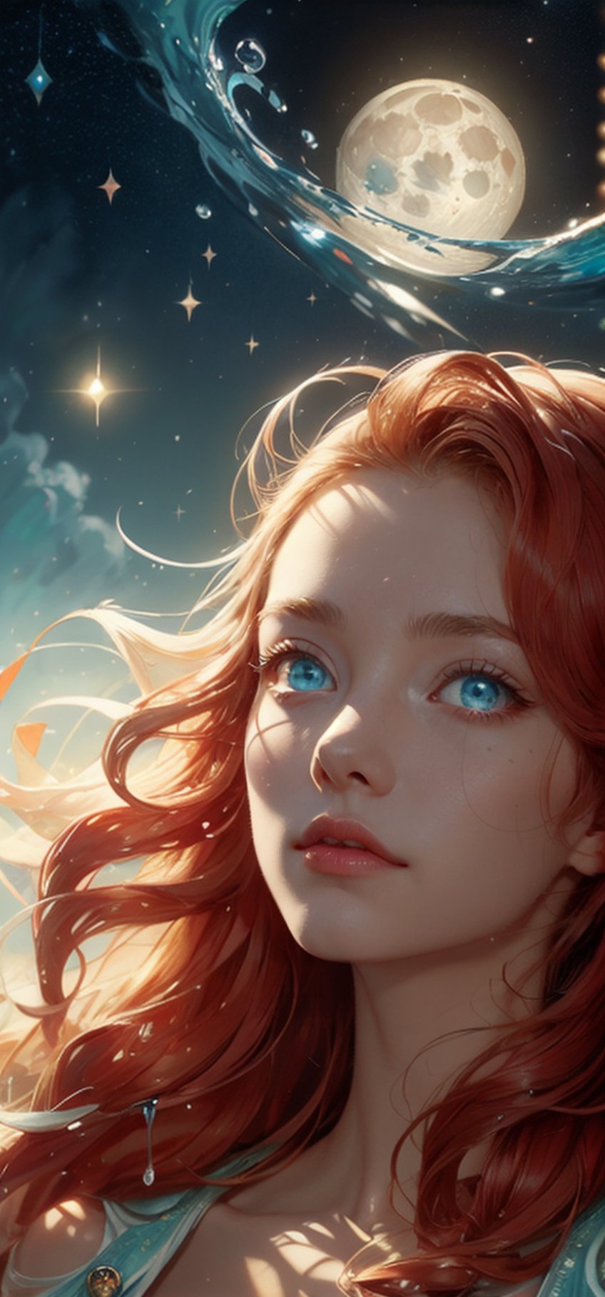 super fine detail, cinematography, 32k, luminism, (cute face), (detailed face), detailed oil painting by Dorian Vallejo, Damian Lehoszest, Todd Lockwood, cgsociety, storybook illustration, nightmarish ethereal transparent sea spirit sea foam creature, big blue ocean glowing eyes, stars, red hair, highly detailed luminous unusual gentle sea, sea waves, colorful drops, extremely large moon, moonlight, stars, night. seashells, detailed sky with clouds, high detail, intricate, intricate pose, oil painting, thick strokes, , masterpiece, high quality, Van Gogh starry sky, centered, perfect composition, ,Detailedface,Detailedeyes