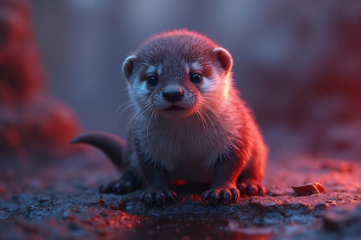 Cute Baby Otters, cyberpunk, playfull, happy,  cuteness overload, masterpiece, small centered composition, product shot,  wallpaper art, Rule of Thirds, delicate,lovable, tiny, best, dynamic composition, magnificent, intense, perfect background