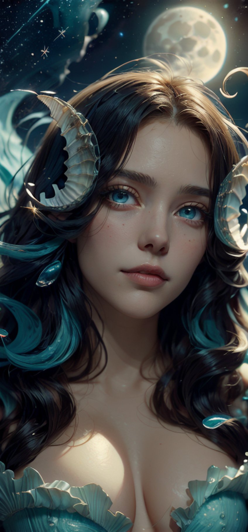 (medium:1,3) super fine detail, cinematography, 32k, luminism, (cute face), (detailed face), detailed oil painting by Dorian Vallejo, Damian Lehoszest, Todd Lockwood, cgsociety, storybook illustration, nightmarish ethereal transparent sea spirit sea foam creature, big blue ocean glowing eyes, stars, red hair, highly detailed luminous unusual gentle sea, sea waves, colorful drops, extremely large moon, moonlight, stars, night. seashells, detailed sky with clouds, high detail, intricate, intricate pose, oil painting, thick strokes, , masterpiece, high quality, Van Gogh starry sky, centered, perfect composition, ,Detailedface,Detailedeyes