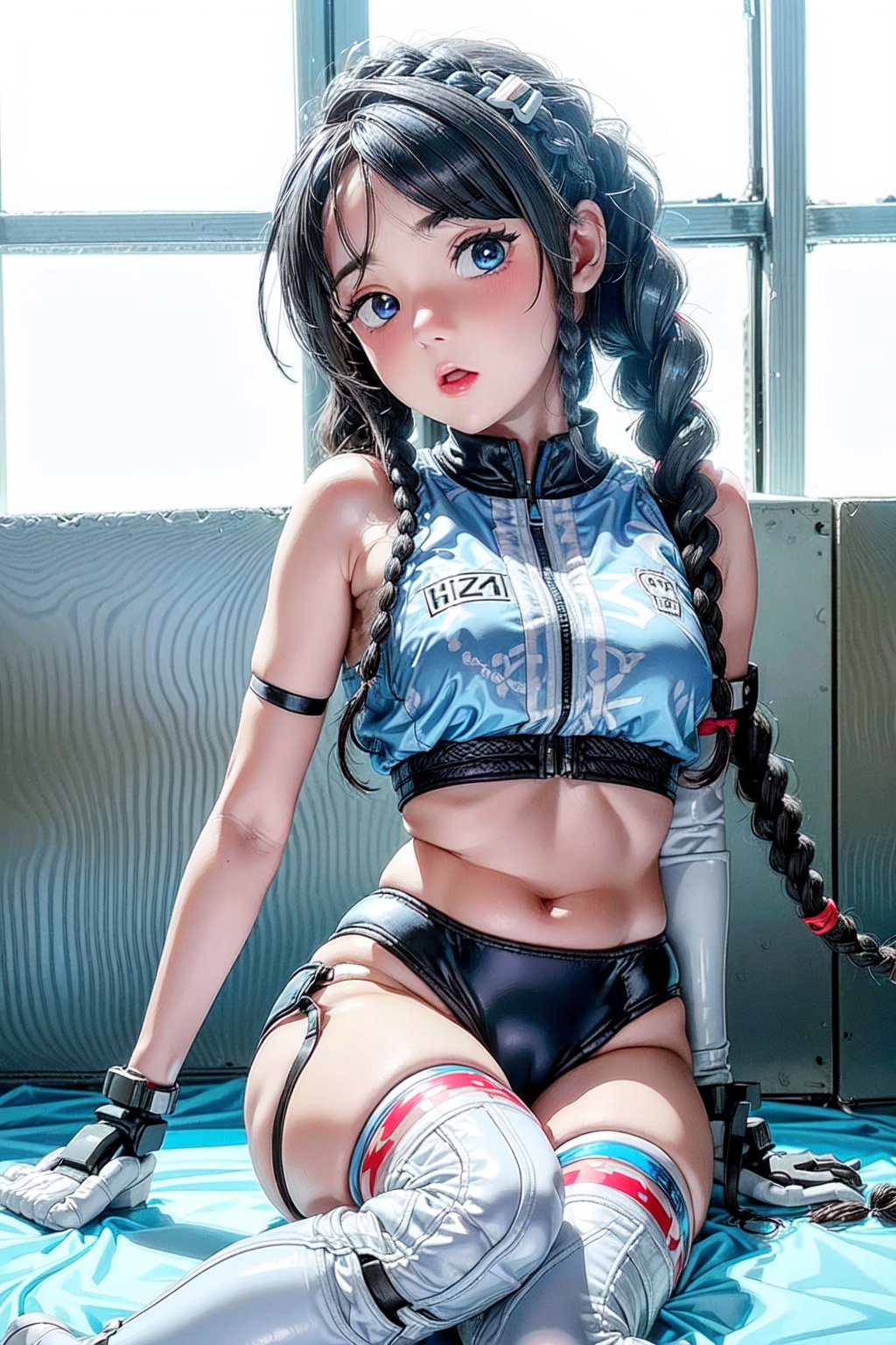 1girl, underboob, cute expression, puffy cheeks, 2 braids on boths sides, blue eyes, beautiful face, flat chested, pale skin, black_hair, long hair, (tight white and blue racing outfit), full body, sitting, robotic left arm, futiristic, sitting, open mouth,  alone,