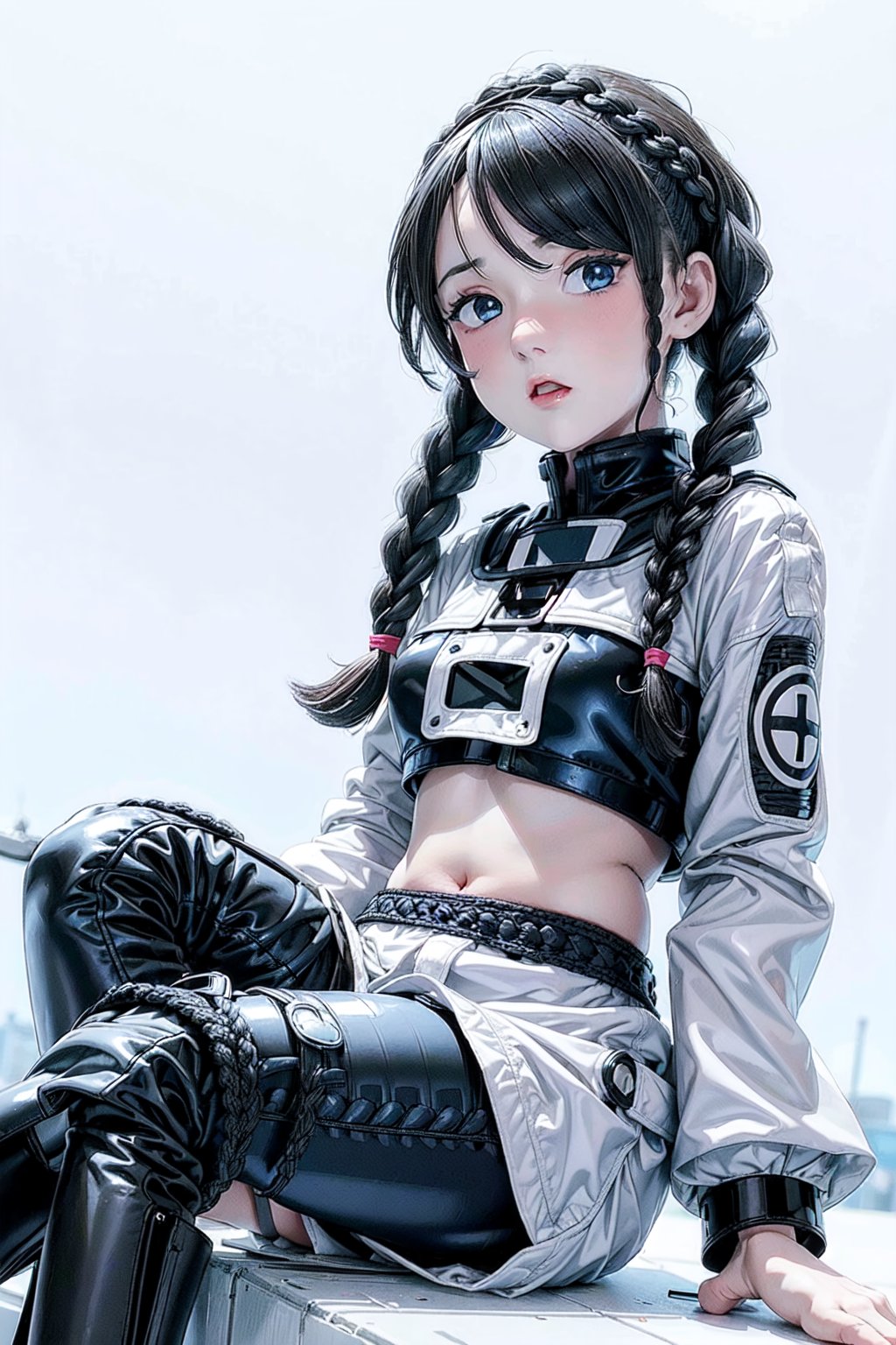 1girl, underboob, cute expression, puffy cheeks, braids on boths sides, blue eyes, beautiful face, flat chested, pale skin, black_hair, long hair, (white and black racing two piece outfit), full body, sitting, robotic left arm, futiristic, sitting, open mouth,  alone,