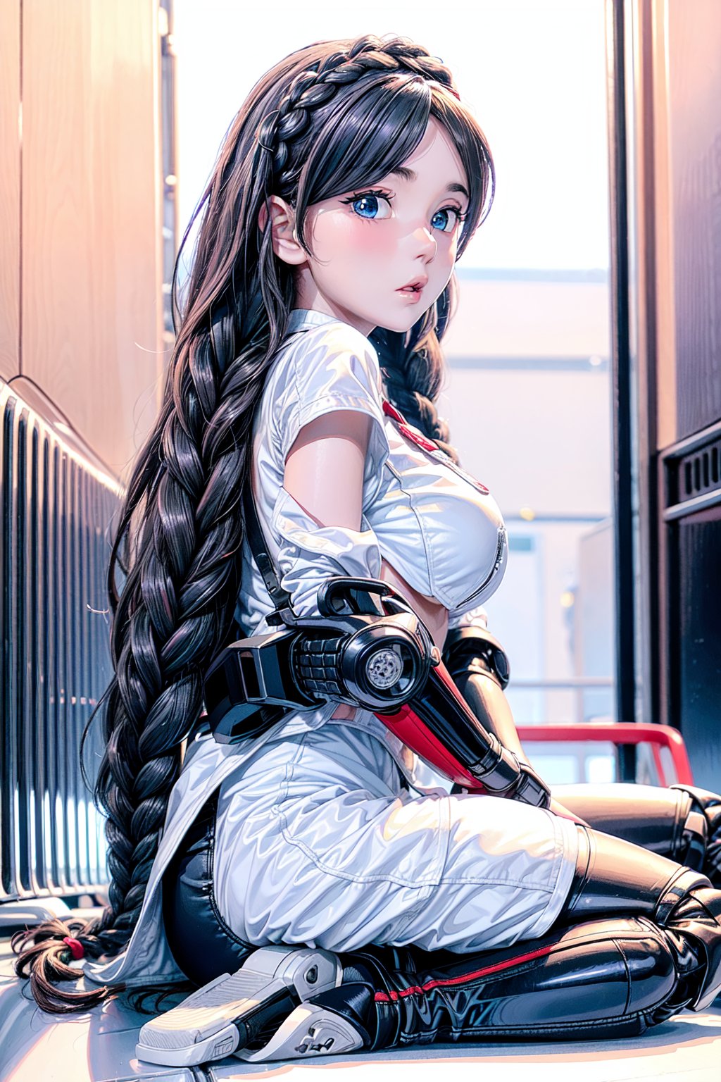 1girl, underboob, cute expression, puffy cheeks, holding motorcylcle helmet, braids on boths sides, blue eyes, beautiful face, flat chested, pale skin, black_hair, long hair, (white and red moto racing piece outfit), full body, sitting, robotic left arm, futiristic, sitting, open mouth,  alone,