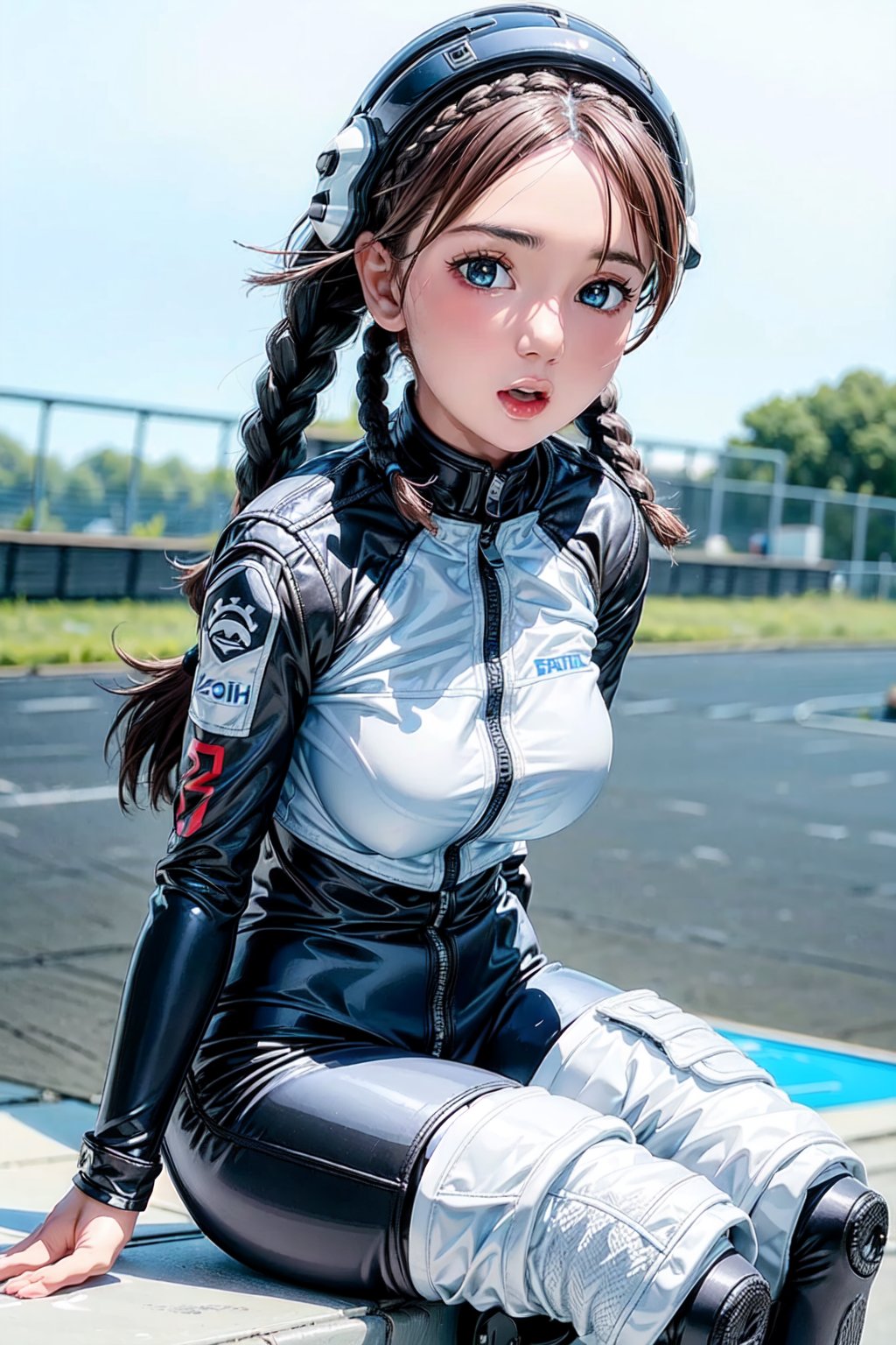 (action shot riding sport bike on racetrack), 1girl, underboob, cute expression, puffy cheeks, (motorcylcle full face helmet), braids on boths sides, blue eyes, beautiful face, flat chested, pale skin, black_hair, long hair, (white and blue moto racing piece outfit), full body, sitting, robotic left arm, futiristic, standing, open mouth,  alone,