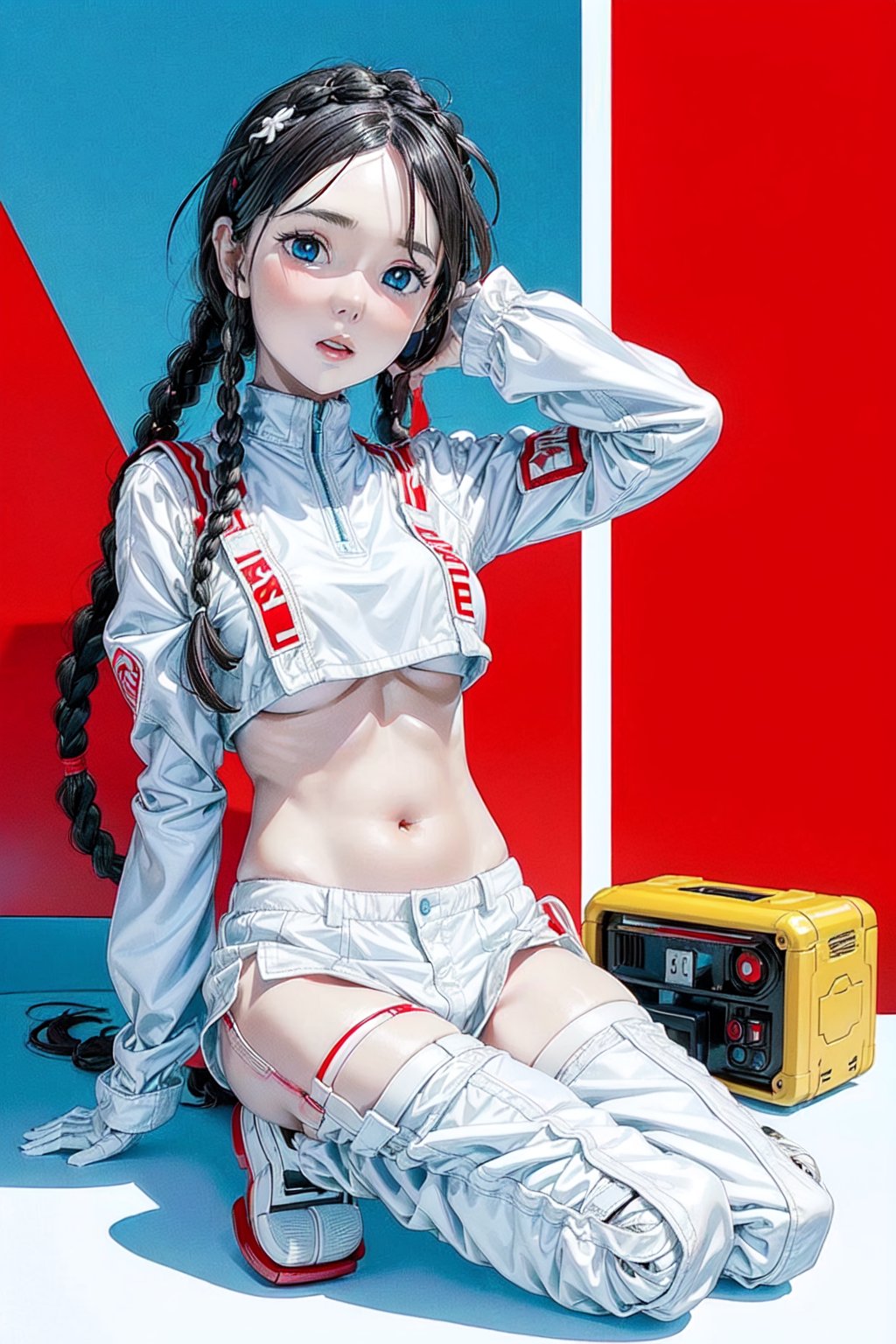 1girl, underboob, cute expression, puffy cheeks, braids on boths sides, blue eyes, beautiful face, flat chested, pale skin, black_hair, long hair, (white and red racing piece outfit), full body, sitting, robotic left arm, futiristic, sitting, open mouth,  alone,