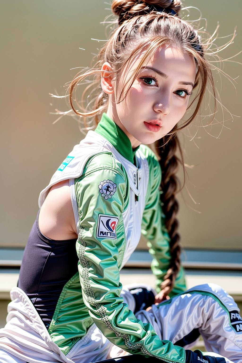 1girl, underboob, skinny, cute expression, puffy cheeks, (braids on both sides), (2 hair buns on top), green eyes, beautiful face, (flat chested), pale skin, black_hair, long hair, (tight white and green moto racing outfit), full body, sitting, blushing, futiristic, sitting, open mouth,  alone,