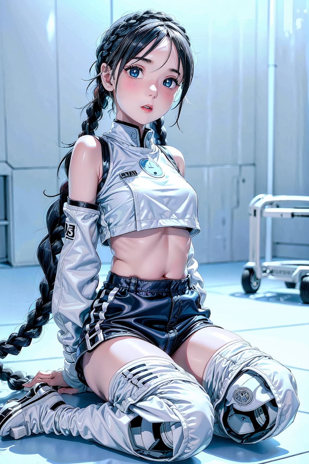 1girl, underboob, cute expression, puffy cheeks, braids on boths sides, blue eyes, beautiful face, flat chested, pale skin, black_hair, long hair, (tight white and blue racing two piece outfit), full body, sitting, robotic left arm, futiristic, sitting, open mouth,  alone,