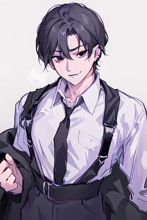  1boy,  black eyes, black hair, black necktie, chest harness,  collared shirt, ear piercing, harness, katana,  necktie,  parted lips, piercing, sheath,  sheathed, shirt, simple background, smile, solo, sword, upper body,  weapon, white background, white shirt,ninjascroll,(Pencil_Sketch:1.2