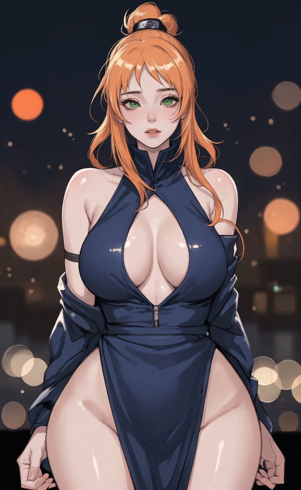 (masterpiece), (extremely intricate:1.3), (realistic), (portrait of Mei terumi from Naruto Shippuden), green eyes:1.2, (pale orange hair), (she is wearing a worn blue fancy dress), (over boob), the most beautiful in the world, metal reflections, (hourglass body figure), (thick hips), she is on a office, intense moonlight, professional photograph of a stunning woman detailed, sharp focus, dramatic, award winning, cinematic lighting, octane render  unreal engine,  volumetrics dtx, (film grain, blurry background, blurry foreground, bokeh, depth of field, motion blur:1.3), her pleasure expression is looking to the viewer,nar_terumi_mei,green eyes,hair over one eye