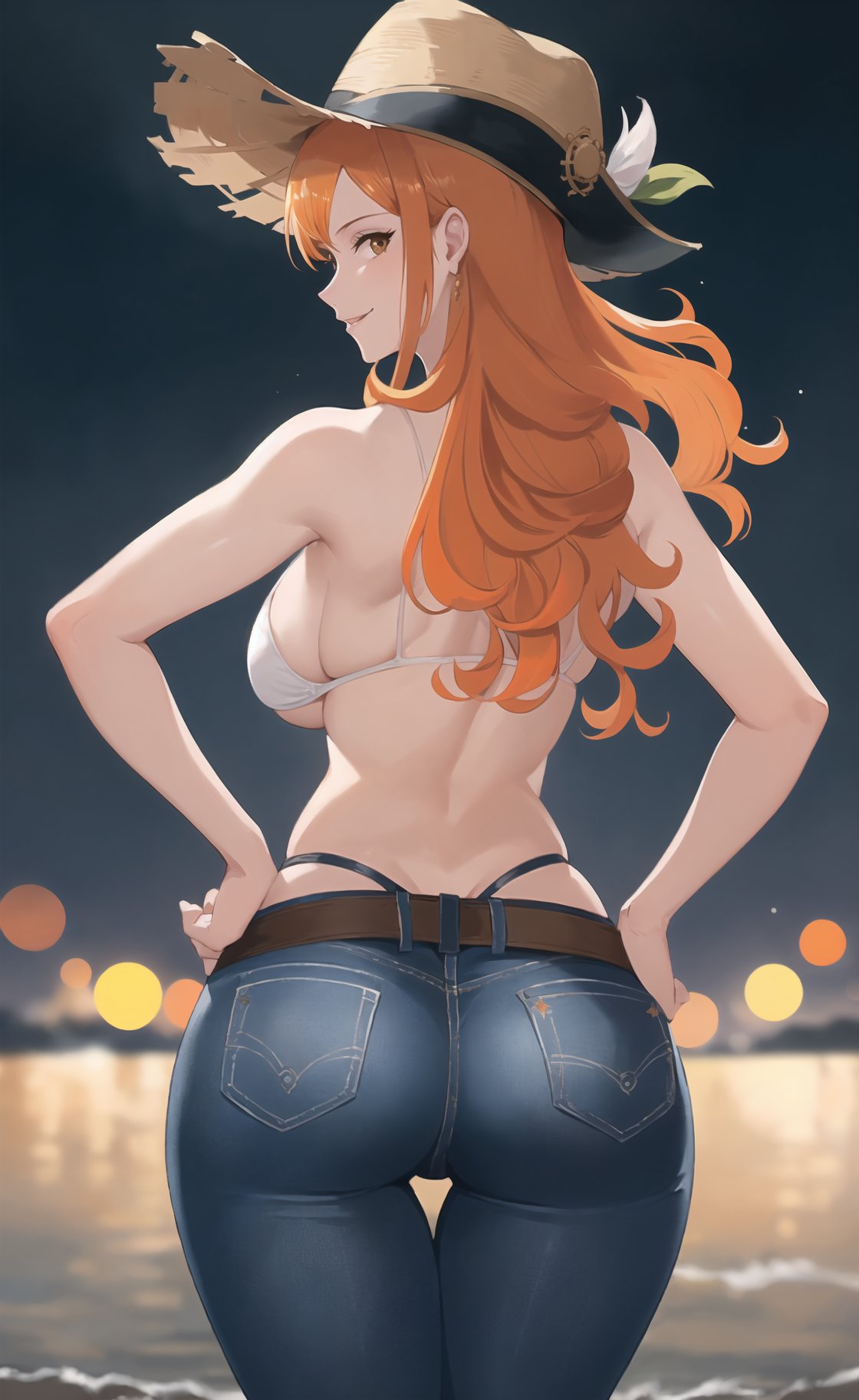 (masterpiece), (extremely intricate:1.3), (realistic), (portrait of Nami from one piece), mature face:1.2, (brown eyes), (large orange hair:1.5), the most beautiful in the world, (she is wearing a tight white bikini top and sexy jeans), (rear view:1.3), Pirate hat, metal reflections, (hourglass body figure), she is on a beach, (her hands are on her hips:1.3), intense moonlight, professional photograph of a stunning woman detailed, sharp focus, dramatic, award winning, cinematic lighting, octane render  unreal engine,  volumetrics dtx, (film grain, blurry background, blurry foreground, depth of field, motion blur:1.3), chainmail, her sexy smiling expression is looking to the viewer