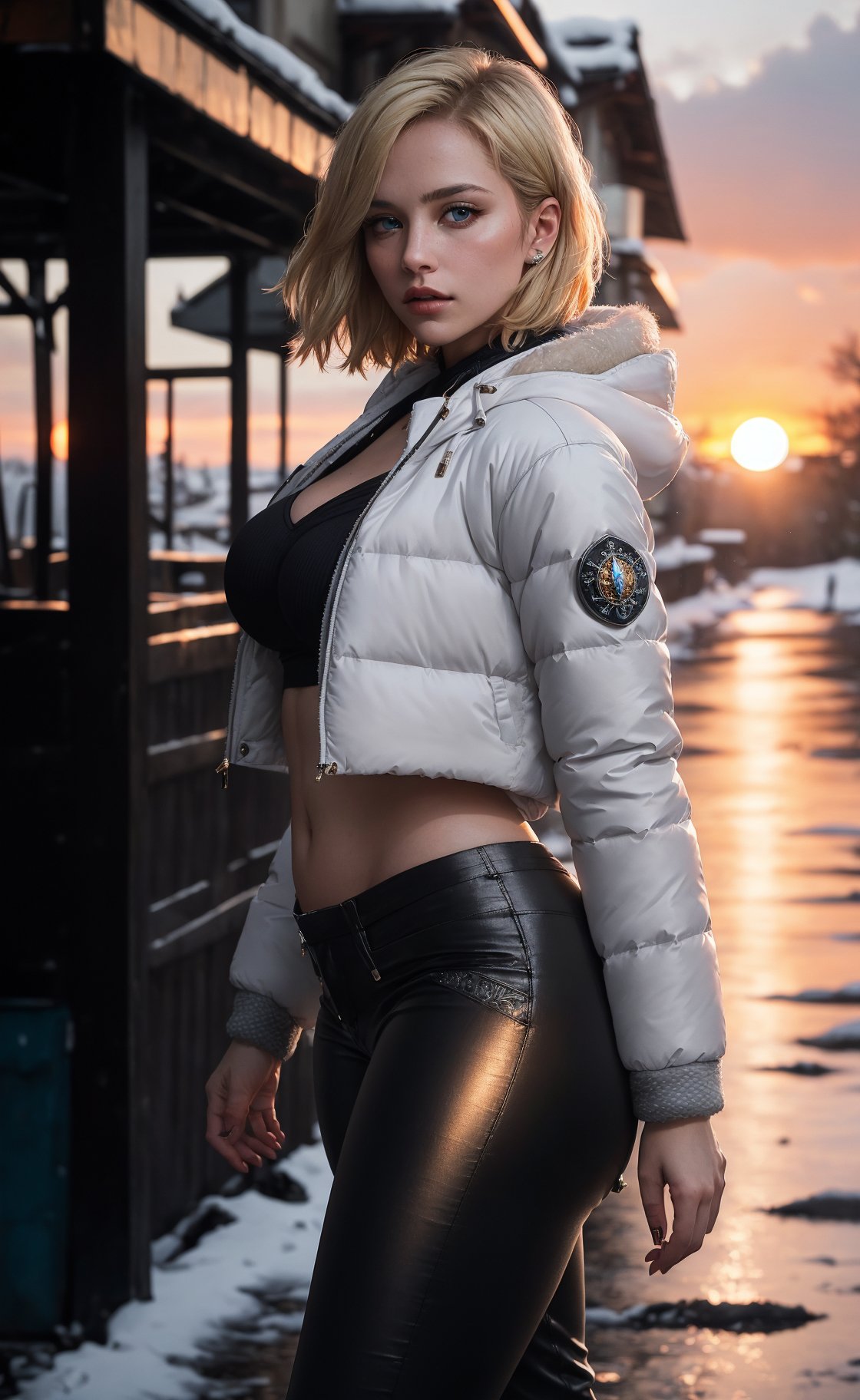 (masterpiece), (extremely intricate:1.3), (realistic), (portrait of Sherry Birkin from Resident Evil), (blond hair), (blue eyes), (shorter cut hairstyle), the most beautiful in the world, (she is wearing an off-white winter jacket with furred hood), (fishnet top:1.2), (black pants:1.3), metal reflections, (hourglass body figure), (thick hips), she is on a street, intense moonlight, (view from right side), professional photograph of a stunning woman detailed, sharp focus, dramatic, award winning, cinematic lighting, octane render  unreal engine,  volumetrics dtx, (film grain, blurry background, blurry foreground, bokeh, depth of field, sunset, motion blur:1.3), chainmail