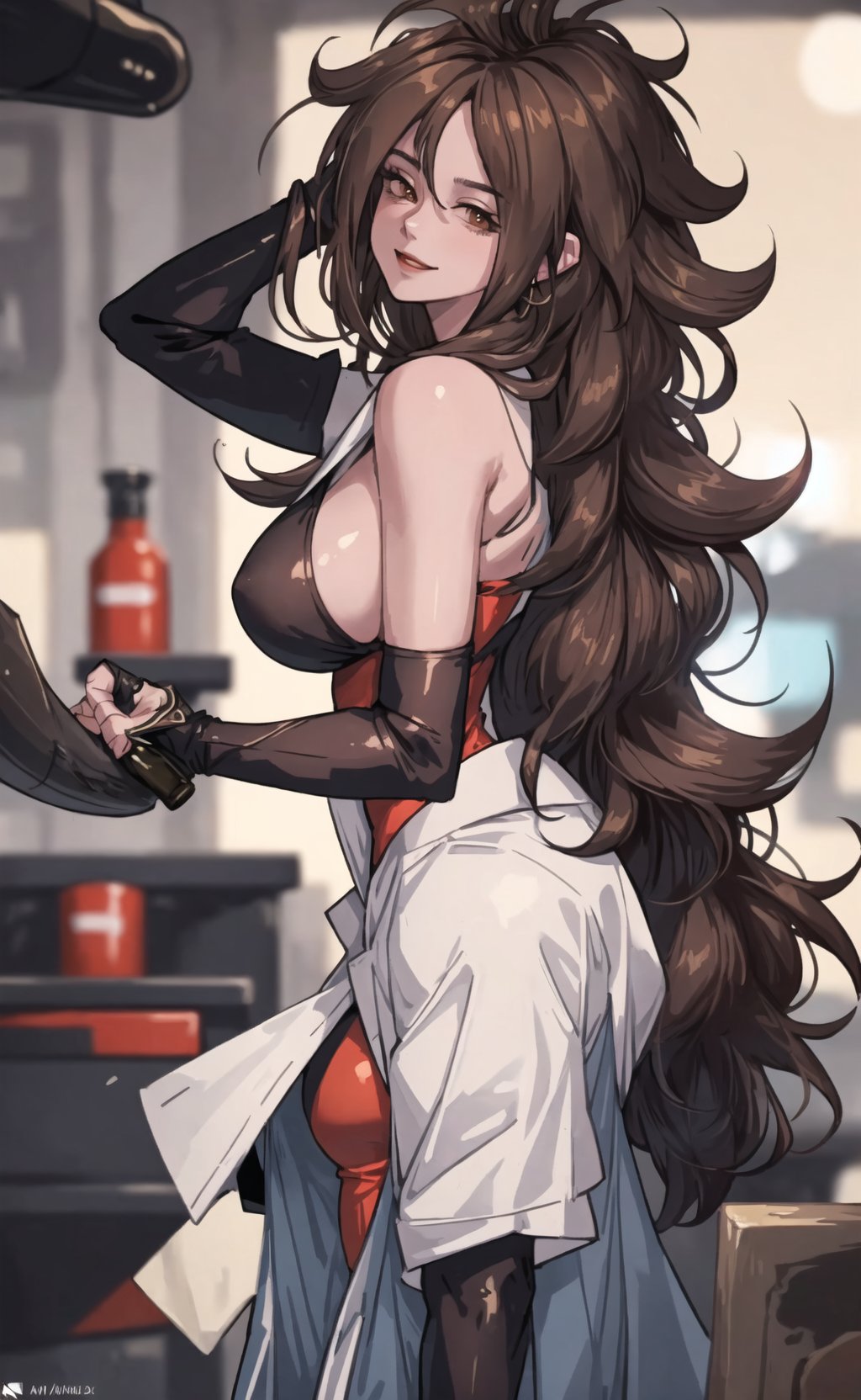 (masterpiece), (extremely intricate:1.3), (realistic), (portrait of Android 21 from dragon ball), (brown hair:1.4), the most beautiful in the world, (she is wearing a sexy doctor attire:1.2), metal reflections, (big boobs), (view from right side), she is on a lab, intense sunlight, she is holding a matrix bottle:1.3, professional photograph of a stunning woman detailed, sharp focus, dramatic, award winning, cinematic lighting, octane render  unreal engine,  volumetrics dtx, (film grain, blurry background, blurry foreground, depth of field, motion blur:1.3), she is smiling looking at viewer