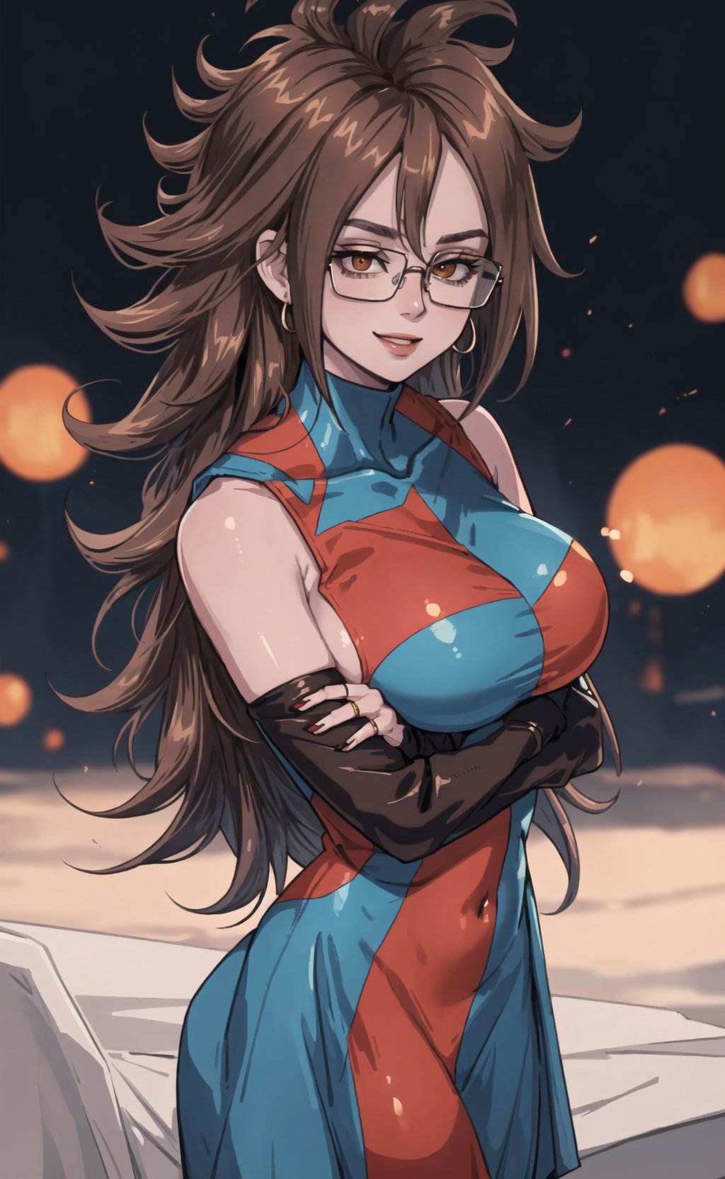 (masterpiece), (extremely intricate:1.3), (realistic), (portrait of Android 21 from dragon ball), (brown hair:1.4), glasses, the most beautiful in the world, (she is wearing a sexy doctor attire:1.2), metal reflections, (big boobs), (view from right side), (overboob), crossing her arms under chest:1.4, she is on a lab, intense sunlight, professional photograph of a stunning woman detailed, sharp focus, dramatic, award winning, cinematic lighting, octane render  unreal engine,  volumetrics dtx, (film grain, blurry background, blurry foreground, depth of field, motion blur:1.3), she is smiling looking at viewer,defa21, checkered dress