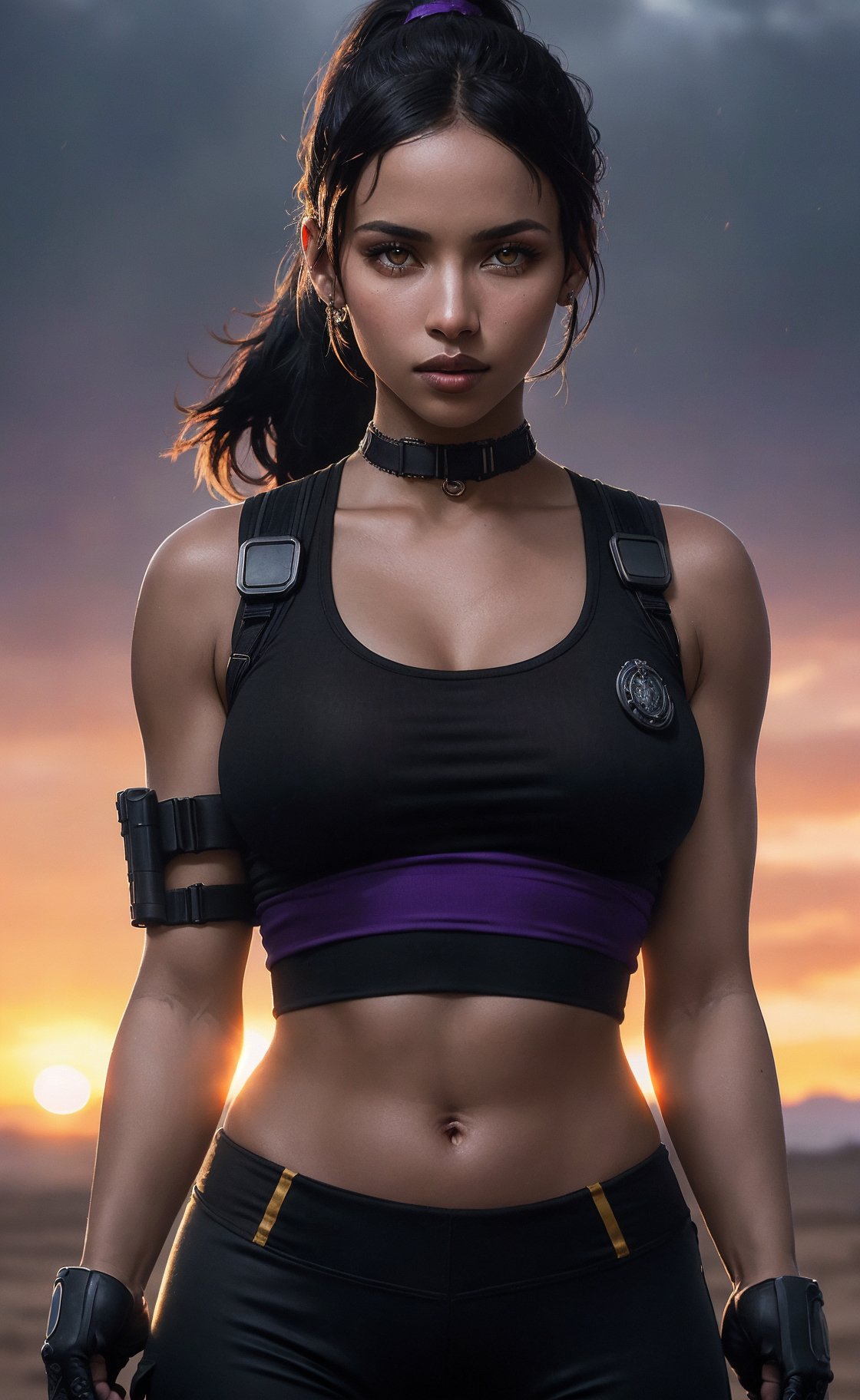 (masterpiece), (extremely intricate:1.3), (realistic), (portrait of Sheva Alomar from Resident Evil), ((black skin:1.3)), ebony skin, African woman, (black hair), (high short ponytail hairstyle), (amber eyes), the most beautiful in the world, (she is wearing a purple sleeveless top, tactical gloves and tank gray pants), metal reflections, (hourglass body figure), she is on a desert, (she is holding a gun), intense sunlight, professional photograph of a stunning woman detailed, sharp focus, dramatic, award winning, cinematic lighting, octane render  unreal engine,  volumetrics dtx, (film grain, blurry background, blurry foreground, bokeh, depth of field, sunset, motion blur:1.3), chainmail