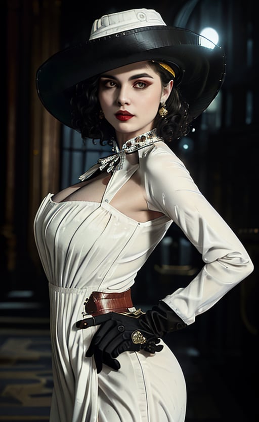 (masterpiece), (extremely intricate:1.3), (realistic), (portrait of Alcina Dimitrescu from Resident Evil), (taller woman), (black short curly hair), (yellow eyes), (pale white skin:1.3), (thick red lips), the most beautiful in the world, (view from side), (she is wearing a white fancy dress:1.6), ((black gloves)), (((black colored wide-brimmed hat:1.6))), (((black hat))), metal reflections, (hourglass body figure), (big breasts), (thick hips), she is on a castle, intense moonlight, professional photograph of a stunning woman detailed, sharp focus, dramatic, award winning, cinematic lighting, octane render  unreal engine,  volumetrics dtx, (film grain, blurry background, blurry foreground, bokeh, depth of field, motion blur:1.3), ,re8dmtrsc