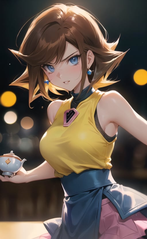 (masterpiece), (extremely intricate:1.3), (realistic), (portrait of Tea Gardner from Yu-Gi-Oh:1.4), (dark blue eyes:1.5), (shoulder length hair), (brown hair:1.4),  the most beautiful in the world, (she is wearing a yellow sleeveless top and pink skirt:1.4), (fishnets:1.3), (thick hips), metal reflections, intense sunlight, (she is on a restaurant), professional photograph of a stunning woman detailed, sharp focus, dramatic, award winning, cinematic lighting, octane render  unreal engine,  volumetrics dtx, (film grain, blurry background, blurry foreground, bokeh, depth of field, motion blur:1.3), her pleasure expression is looking to the viewer:1.2,1girl,anzu_yugioh