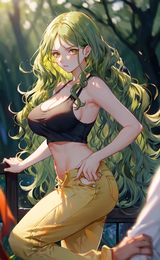 (masterpiece), (extremely intricate:1.3), (realistic), (portrait of Monet from one piece), mature face:1.2, (yellow eyes), (long wavy green hair:1.5), (she is wearing a green cropped tank top and yellow cut-off pants with orange stripes), (overboob), the most beautiful in the world, high heels, metal reflections, (hourglass body figure), she is on a Forest, intense sunlight, professional photograph of a stunning woman detailed, sharp focus, dramatic, award winning, cinematic lighting, octane render  unreal engine,  volumetrics dtx, (film grain, blurry background, blurry foreground, depth of field, motion blur:1.3), chainmail, her sexy expression is looking to the viewer