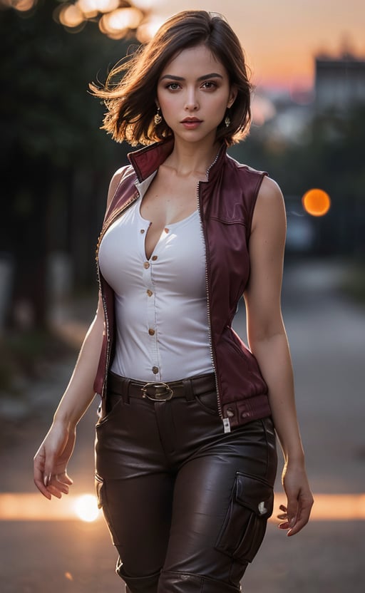 (masterpiece), (extremely intricate:1.3), (realistic), (portrait of Helen Harper from Resident Evil), (brunette hair), (large hair with side bangs), (brown eyes), the most beautiful in the world, (she is wearing a white tank top), (under a sleeveless burgundy jacket that remains unbuttoned:1.3),  (tight brown cargo pants that are tucked into knee-high dark brown leather boots with high heels), metal reflections, (hourglass body figure), (thick hips), she is on a police station, intense sunlight, professional photograph of a stunning woman detailed, sharp focus, dramatic, award winning, cinematic lighting, octane render  unreal engine,  volumetrics dtx, (film grain, blurry background, blurry foreground, bokeh, depth of field, sunset, motion blur:1.3), chainmail