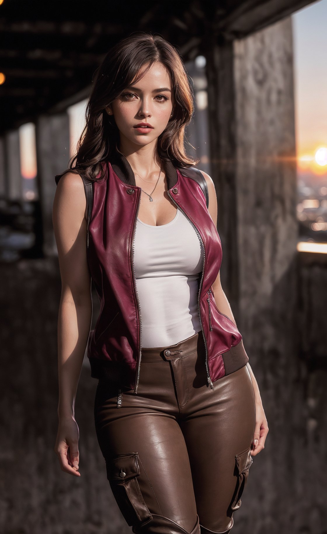 (masterpiece), (extremely intricate:1.3), (realistic), (portrait of Helen Harper from Resident Evil), (long brown hair:1.3), (with bangs from middle), (brown eyes), the most beautiful in the world, (she is wearing a white tank top), (under a sleeveless burgundy jacket that remains unbuttoned:1.3),  (tight brown cargo pants that are tucked into knee-high dark brown leather boots with high heels), metal reflections, (hourglass body figure), (thick hips), she is on a police station, intense sunlight, professional photograph of a stunning woman detailed, sharp focus, dramatic, award winning, cinematic lighting, octane render  unreal engine,  volumetrics dtx, (film grain, blurry background, blurry foreground, bokeh, depth of field, sunset, motion blur:1.3), chainmail