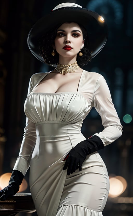 (masterpiece), (extremely intricate:1.3), (realistic), (portrait of Alcina Dimitrescu from Resident Evil), (taller woman), (black short curly hair), (yellow eyes), (pale white skin:1.3), (thick red lips), the most beautiful in the world, (view from front), (she is wearing a white fancy dress:1.6), ((black gloves)), (((black colored wide-brimmed hat:1.6))), (((black hat))), metal reflections, (hourglass body figure), (big breasts), (overbook), (thick hips), she is on a castle, intense moonlight, professional photograph of a stunning woman detailed, sharp focus, dramatic, award winning, cinematic lighting, octane render  unreal engine,  volumetrics dtx, (film grain, blurry background, blurry foreground, bokeh, depth of field, motion blur:1.3), ,re8dmtrsc