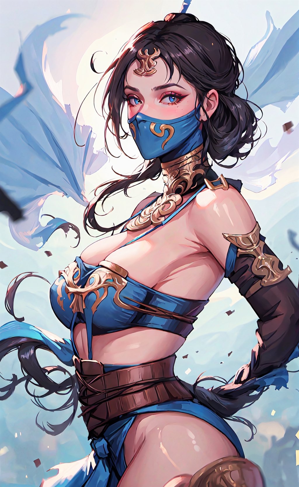 (masterpiece),  (extremely intricate:1.3),  (realistic),  (portrait of Kitana), the most beautiful in the world, facemask, large hair:1.2, big boobs, innerboob, she is wearing her blue attire:1.3,  view from side:1.2, metal reflections, she is on a fight arena, (thick hips), intense moonlight, professional photograph of a stunning woman detailed, sharp focus,  dramatic, award winning, cinematic lighting,  octane render, unreal engine,  volumetrics dtx,  (film grain,  blurry background,  blurry foreground,  depth of field,  motion blur:1.3),  she is sexy smiling looking at viewer,kitana