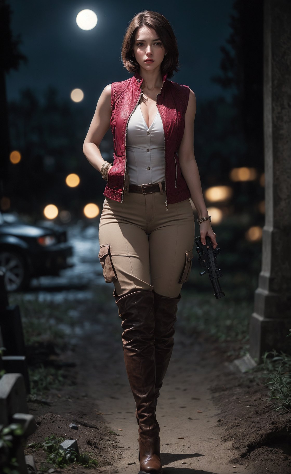 (masterpiece), (extremely intricate:1.3), (realistic), (portrait of Helen Harper from Resident Evil), (long brown hair:1.3), (with bangs from middle), (brown eyes), the most beautiful in the world, (she is wearing a white tank top), (under a sleeveless burgundy jacket that remains unbuttoned:1.3),  (tight brown cargo pants that are tucked into knee-high dark brown leather boots with high heels), metal reflections, (hourglass body figure), (thick hips), she is on a graveyard holding a gun, intense moonlight, professional photograph of a stunning woman detailed, sharp focus, dramatic, award winning, cinematic lighting, octane render  unreal engine,  volumetrics dtx, (film grain, blurry background, blurry foreground, bokeh, depth of field, motion blur:1.3), chainmail