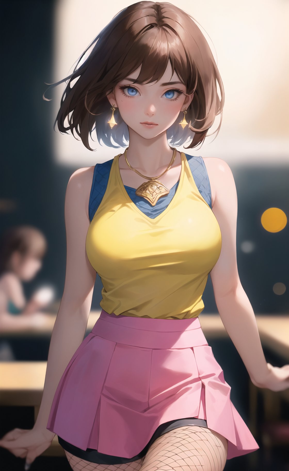 (masterpiece), (extremely intricate:1.3), (realistic), (portrait of Tea Gardner:1.4), (dark blue eyes:1.5), (shoulder length hair), (brown hair:1.4),  the most beautiful in the world, (she is wearing a yellow sleeveless top and pink skirt:1.4), (fishnets:1.3), (thick hips), metal reflections, intense sunlight, (she is on a restaurant), professional photograph of a stunning woman detailed, sharp focus, dramatic, award winning, cinematic lighting, octane render  unreal engine,  volumetrics dtx, (film grain, blurry background, blurry foreground, bokeh, depth of field, motion blur:1.3), her pleasure expression is looking to the viewer:1.2,1girl,anzu_yugioh,anzu_classic