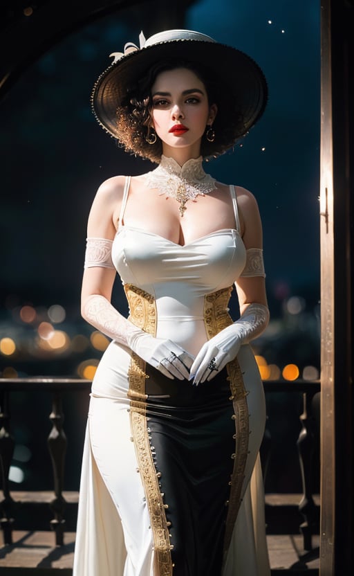 (masterpiece), (extremely intricate:1.3), (realistic), (portrait of Alcina Dimitrescu from Resident Evil), (taller woman), (black short curly hair), (yellow eyes), (pale white skin:1.3), (thick red lips), the most beautiful in the world, (she is wearing a white fancy dress:1.3), (black gloves), (black large wide-brimmed hat:1.4), metal reflections, (hourglass body figure), (thick hips), she is on a castle, intense moonlight, professional photograph of a stunning woman detailed, sharp focus, dramatic, award winning, cinematic lighting, octane render  unreal engine,  volumetrics dtx, (film grain, blurry background, blurry foreground, bokeh, depth of field, motion blur:1.3), 