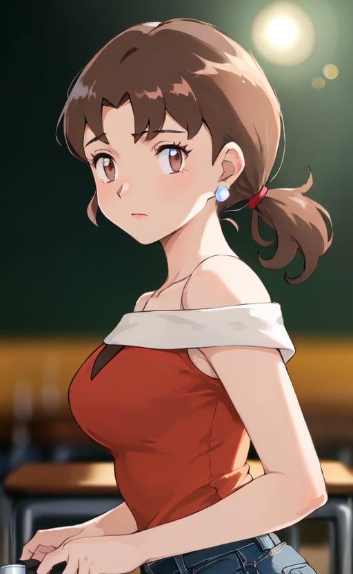 (masterpiece), (extremely intricate:1.3), (realistic), (portrait of Delia Ketchum from pokemon), (brown eyes), (long hair:1.4), (((dark brown hair))), (((long low ponytail hairstyle with side bangs:1.4))), the most beautiful in the world, (she is wearing a tight pink blouse and denim jeans), metal reflections, (hourglass body figure), she is on a classroom, intense sunlight, professional photograph of a stunning woman detailed, sharp focus, dramatic, award winning, cinematic lighting, octane render  unreal engine,  volumetrics dtx, (film grain, blurry background, blurry foreground, bokeh, depth of field, motion blur:1.3), chainmail, her pleasure expression is looking to the viewer,serena,red \(pokemon\),Caroline_(pokemon)