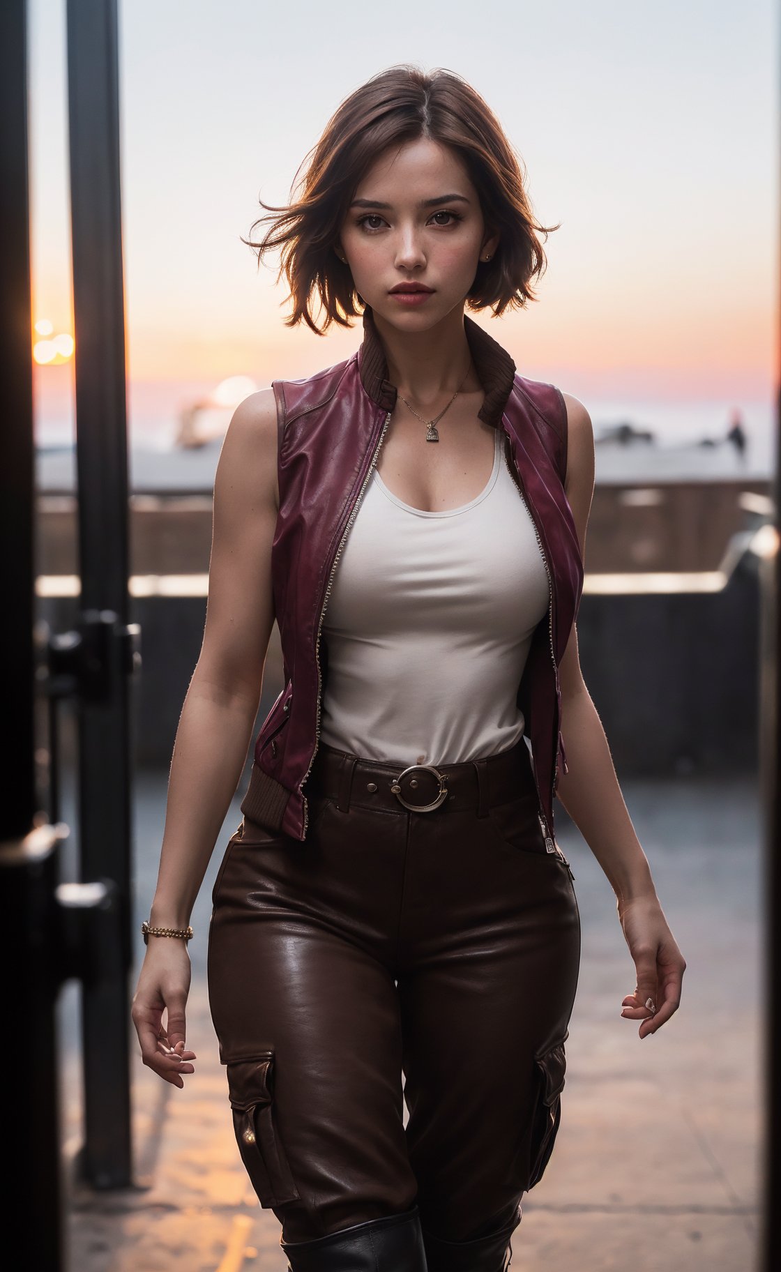 (masterpiece), (extremely intricate:1.3), (realistic), (portrait of Helen Harper from Resident Evil), (brown hair), (large hair with side bangs), (brown eyes), the most beautiful in the world, (she is wearing a white tank top), (under a sleeveless burgundy jacket that remains unbuttoned:1.3),  (tight brown cargo pants that are tucked into knee-high dark brown leather boots with high heels), metal reflections, (hourglass body figure), (thick hips), she is on a police station, intense sunlight, professional photograph of a stunning woman detailed, sharp focus, dramatic, award winning, cinematic lighting, octane render  unreal engine,  volumetrics dtx, (film grain, blurry background, blurry foreground, bokeh, depth of field, sunset, motion blur:1.3), chainmail