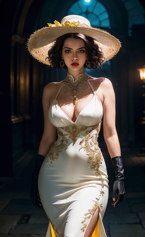 (masterpiece), (extremely intricate:1.3), (realistic), (portrait of Alcina Dimitrescu from Resident Evil), (black short curly hair), (yellow eyes), (thick red lips), the most beautiful in the world, (she is wearing a white fancy dress), (black gloves), (black large wide-brimmed hat), metal reflections, (hourglass body figure), (thick hips), she is on a castle, intense moonlight, professional photograph of a stunning woman detailed, sharp focus, dramatic, award winning, cinematic lighting, octane render  unreal engine,  volumetrics dtx, (film grain, blurry background, blurry foreground, bokeh, depth of field, motion blur:1.3), 