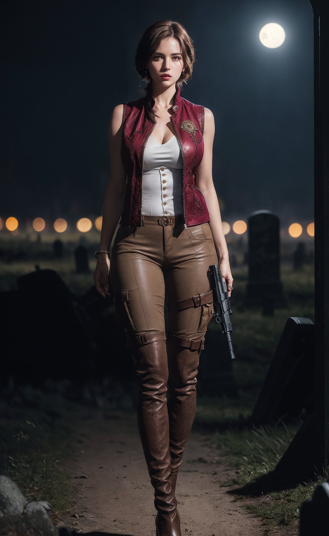 (masterpiece), (extremely intricate:1.3), (realistic), (portrait of Helen Harper from Resident Evil), (her hair reaches her chest), (brown hair:1.4), (brown eyes), the most beautiful in the world, (she is wearing a white tank top), (under a sleeveless burgundy jacket that remains unbuttoned:1.3),  (tight brown cargo pants that are tucked into knee-high dark brown leather boots with high heels), metal reflections, (hourglass body figure), (thick hips), she is on a graveyard holding a gun, intense moonlight, professional photograph of a stunning woman detailed, sharp focus, dramatic, award winning, cinematic lighting, octane render  unreal engine,  volumetrics dtx, (film grain, blurry background, blurry foreground, bokeh, depth of field, motion blur:1.3), chainmail