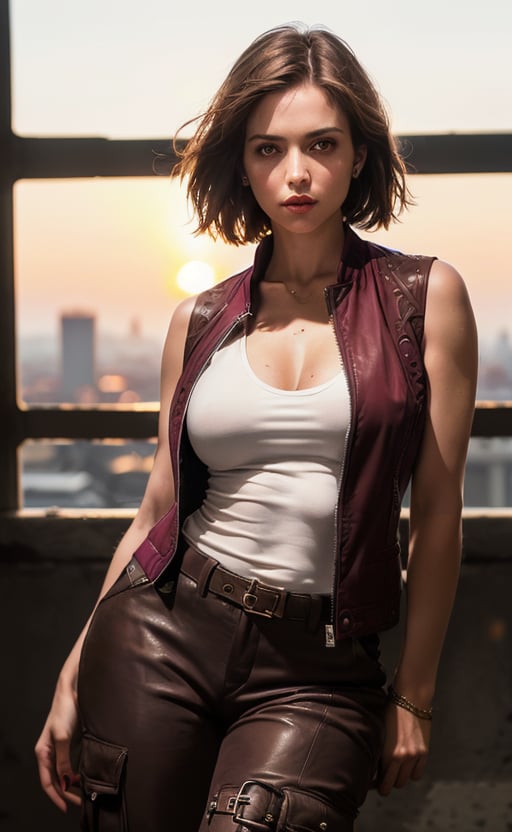 (masterpiece), (extremely intricate:1.3), (realistic), (portrait of Helen Harper from Resident Evil), (brunette hair), (medium large length hair), (brown eyes), the most beautiful in the world, (she is wearing a white tank top), (under a sleeveless burgundy jacket that remains unbuttoned:1.3),  (tight brown cargo pants that are tucked into knee-high dark brown leather boots with high heels), metal reflections, (hourglass body figure), (thick hips), she is on a police station, intense sunlight, professional photograph of a stunning woman detailed, sharp focus, dramatic, award winning, cinematic lighting, octane render  unreal engine,  volumetrics dtx, (film grain, blurry background, blurry foreground, bokeh, depth of field, sunset, motion blur:1.3), chainmail