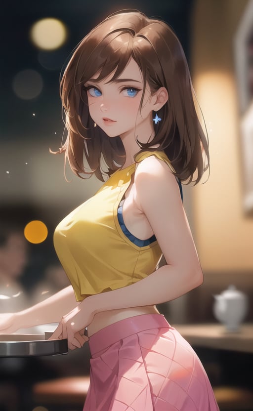 (masterpiece), (extremely intricate:1.3), (realistic), (portrait of Tea Gardner:1.4), (dark blue eyes:1.5), (shoulder length hair), (brown hair:1.4),  the most beautiful in the world, (she is wearing a yellow sleeveless top and pink skirt:1.4), (fishnets:1.3), (thick hips), metal reflections, intense sunlight, (she is on a restaurant), professional photograph of a stunning woman detailed, sharp focus, dramatic, award winning, cinematic lighting, octane render  unreal engine,  volumetrics dtx, (film grain, blurry background, blurry foreground, bokeh, depth of field, motion blur:1.3), her pleasure expression is looking to the viewer:1.2,1girl,anzu_yugioh,anzu_classic