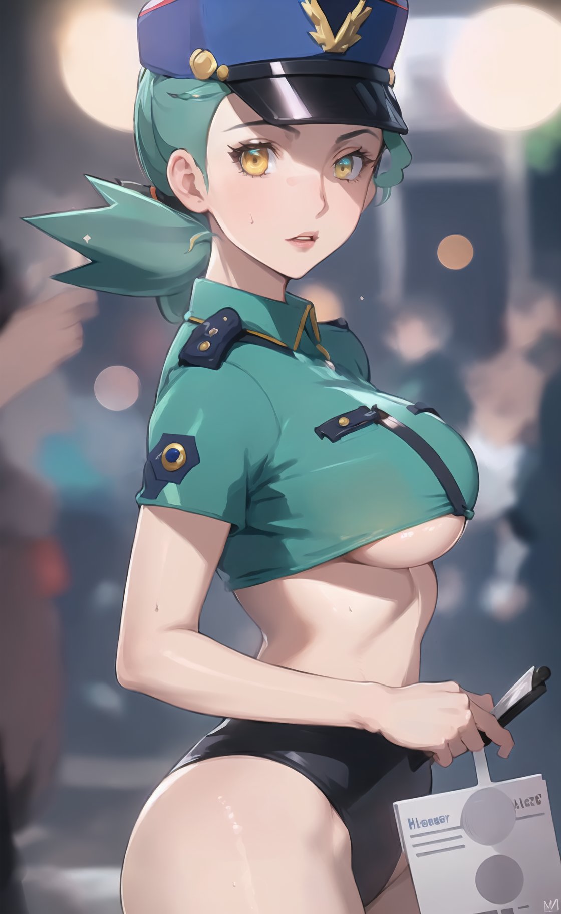 (masterpiece), (extremely intricate:1.3), (realistic), (portrait of officer Jenny from pokemon:1.4), (amber eyes:1.5), (long hair:1.4), (turquoise hair:1.4), (long ponytail hairstyle with side bangs:1.7), the most beautiful in the world, (she is wearing a sexy dark blue police uniform with hat:1.5), (underboob), metal reflections, (hourglass body figure), ((she is on a street holding a notebook)), intense sunlight, professional photograph of a stunning woman detailed, sharp focus, dramatic, award winning, cinematic lighting, octane render  unreal engine,  volumetrics dtx, (film grain, blurry background, blurry foreground, bokeh, depth of field, motion blur:1.3), chainmail, her pleasure expression is looking to the viewer ,officer jenny